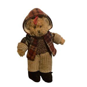 Russ Plaid Hooded Teddy Bear Plush Corduroy Christmas Rustic Ornament 6.5"